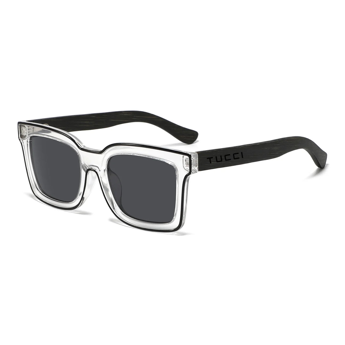 Tucci Sunglasses Clear Frame Black Temples Dark Lenses - Image 1
