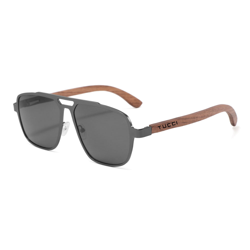 Tucci Maverick Sunglasses Brown Wood Temples Matte Gun Frame - Image 3