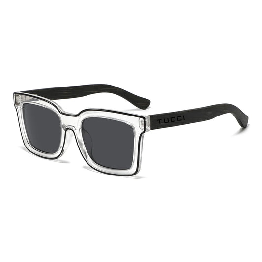 Tucci Sunglasses Clear Frame Black Temples Dark Lenses - Image 1