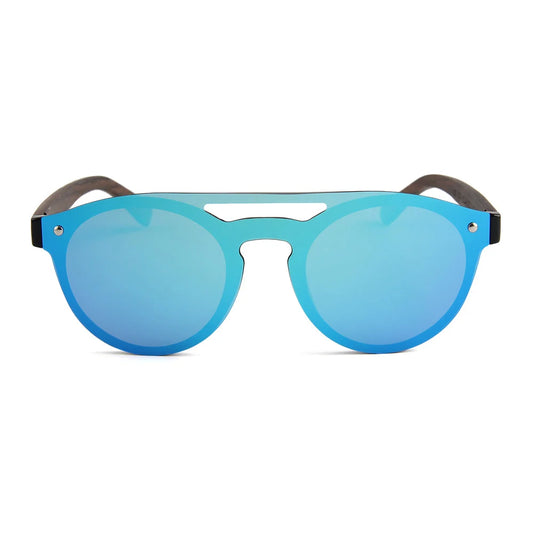 TUCCI Blue Mirrored Lenses Wood Temple Sunglasses Round Frame - Image 1