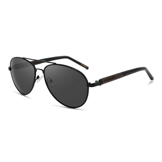 Tucci Aviator Sunglasses Black Metal Frame Wood Temple Adjustable Nose Pads - Image 1